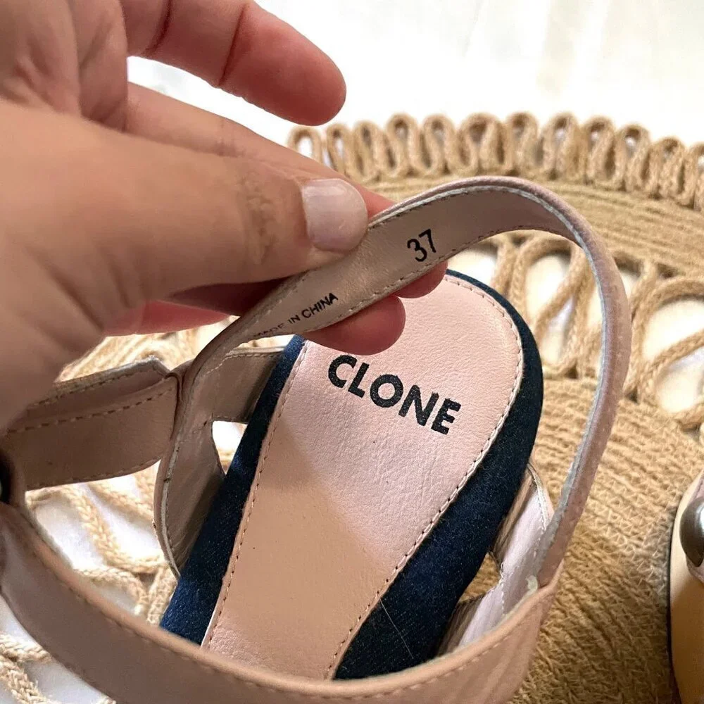 CLONE Pink-Pearl Detail Blue Denim Wooden Clog Sandals Women’s EU 37 NWOT